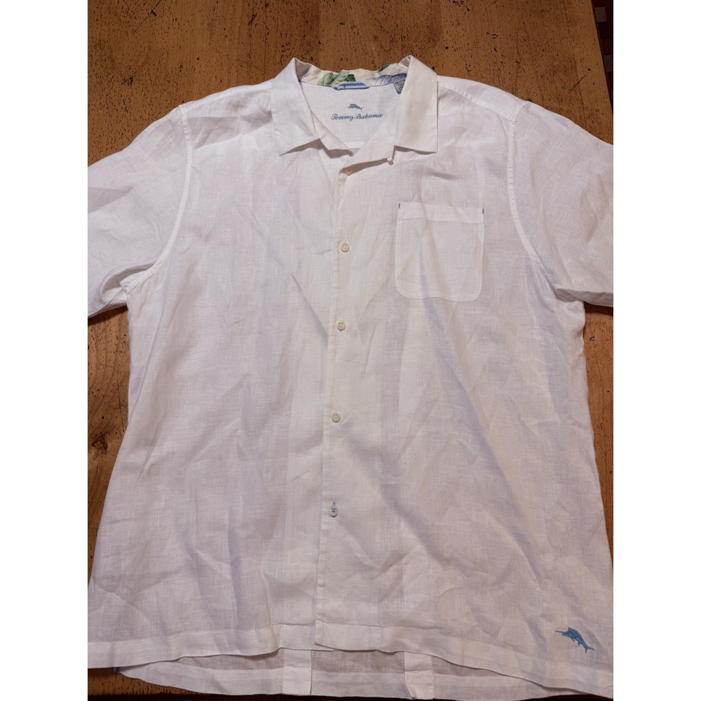 Tommy Bahama XXLarge 100% Linen Button up Shirt solid White Pocket Blue Logo